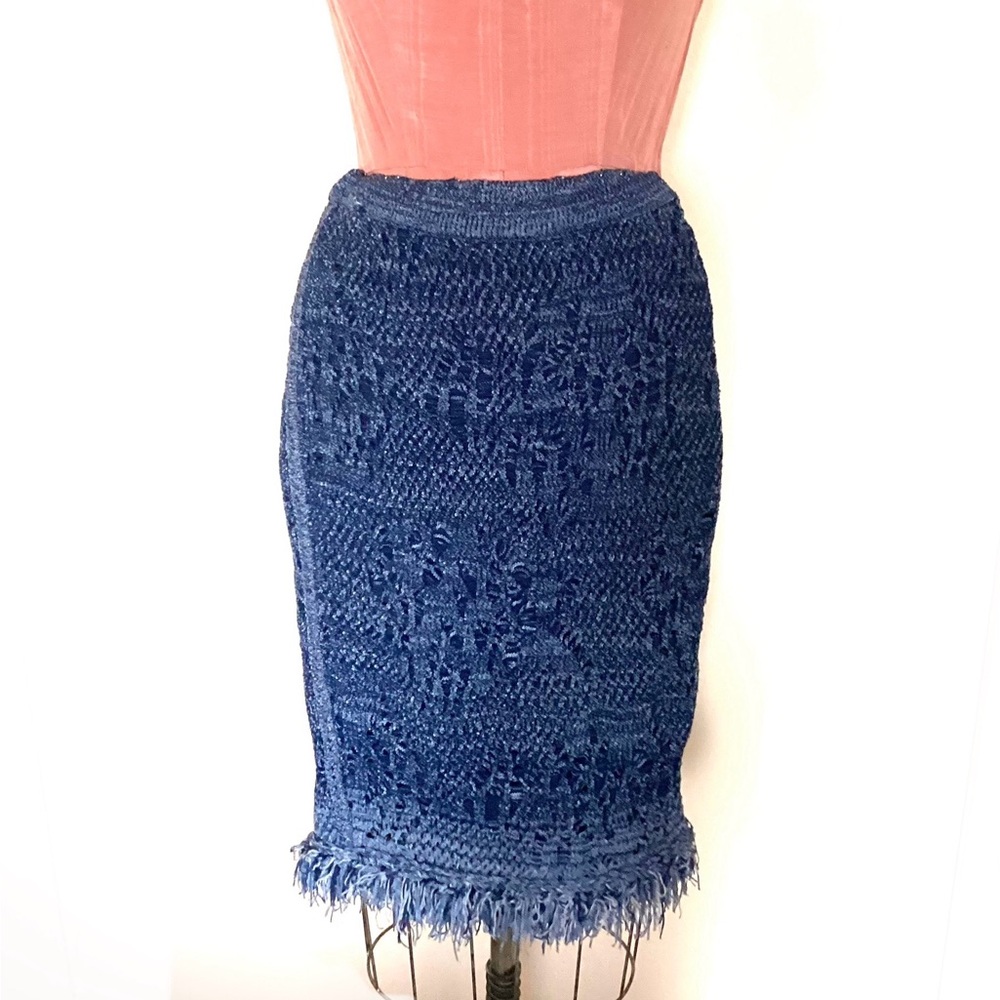 Dior Knit Pencil Cut Out Knit Skirt with Fringed Hem in Denim blue